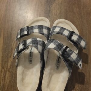 Birkenstock Black & White Plaid Shearling Arizona Sandals Size 38